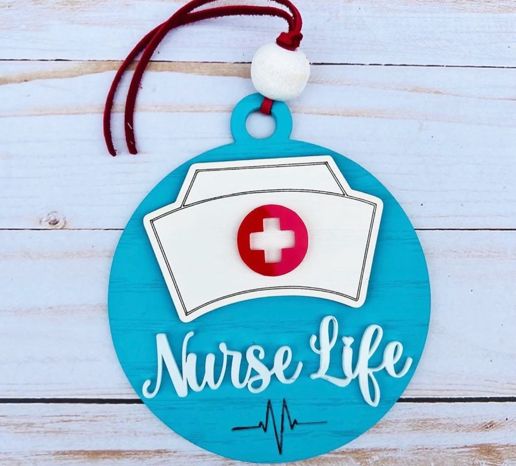 Nurse Car Charm: Red Oak Wood Ornament, Scrub Life Gift