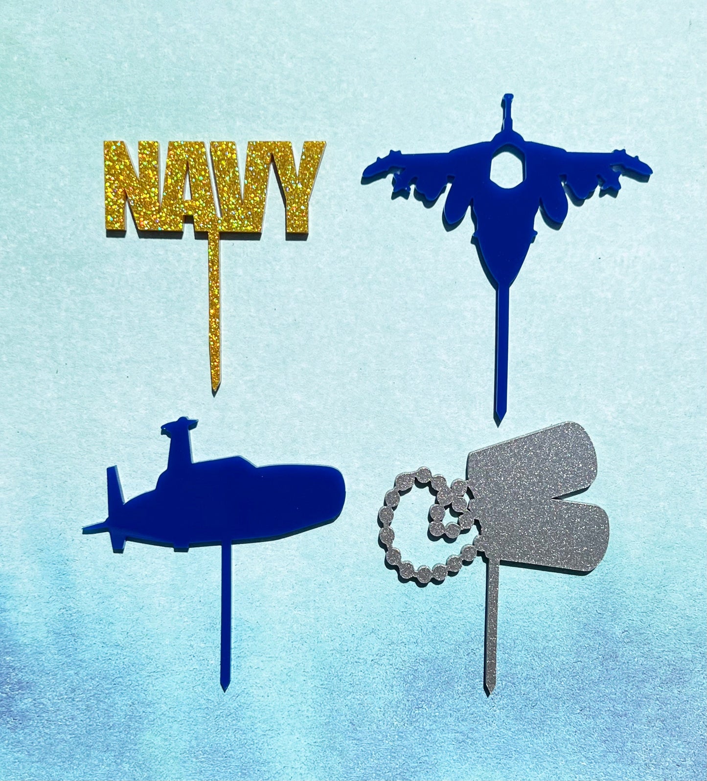 Acrylic Navy Cupcake Toppers: Fighter Jets, Dog Tags, Submarines